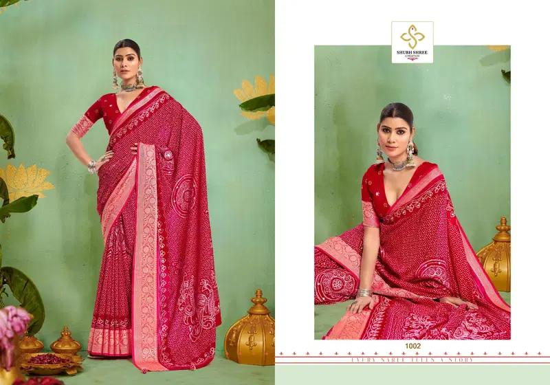 Tulsi Bandhej By Shubh Shree Tusser Silk Designer Saree Wholesale In India